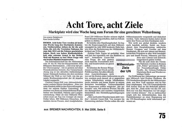 UNSERE SCHULE, Ausgabe 18 zum 1. Juli 2006, Seite 75: "Acht Tore, acht Ziele" aus: BREMER NACHRICHTEN, 9. Mai 2006, Seite 9 | Foto: Bremer Tageszeitungen AG