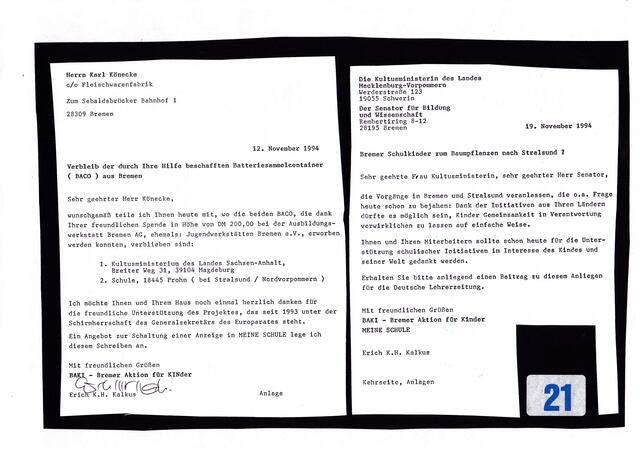 MEINE SCHULE, Ausgabe 08 zum 1. Januar 1995, Seite 21 - mit Hinweis auf die Verwendung einer Spende der Fleischwarenfabrik Karl Könecke in Bremen-Hastedt beim Bau der "Bürgerbrücke Bremen-Mecklenburg-Vorpommern"