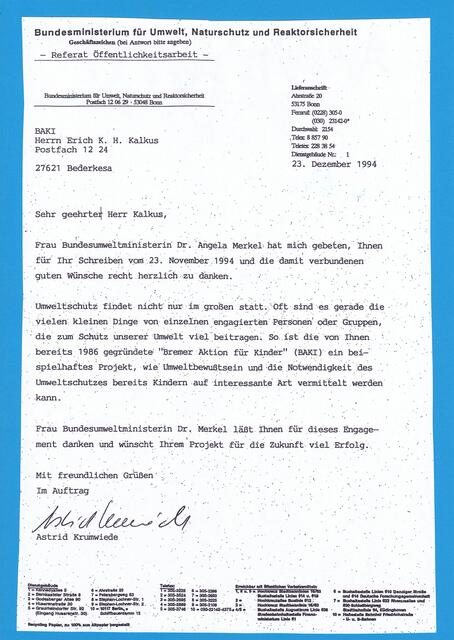 Schreiben aus dem BMU vom 23. Dezember 1994, das mich zum "Bau von Bürgerbrücken auf der Allee der UN-Ziele" noch heute ermutigt | Foto: BMU