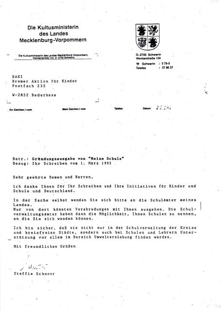 Ermutigung zum Bau von "Bürgerbrücken auf der Allee der UN-Ziele" - hier: aus dem Kultusministerium des Landes Mecklenburg-Vorpommern am 28. März 1993 | Foto: Kultusministerium des Landes Mecklenburg-Vorpommern