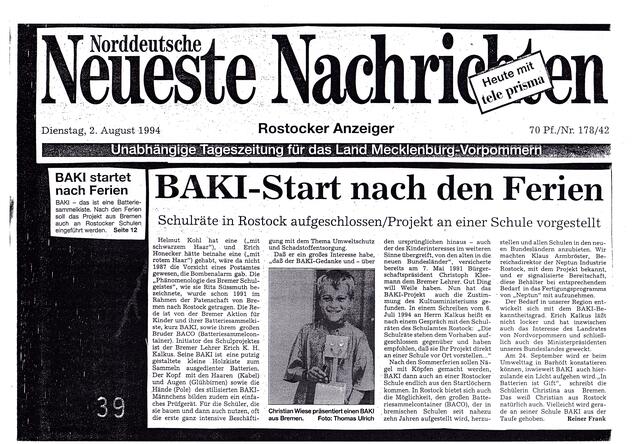 Ermutigung zum Bau von "Bürgerbrücken auf der Allee der UN-Ziele" - hier: Veröffentlichung "BAKI-Start nach den Ferien" der Rostocker Zeitung Norddeutsche Neueste Nachrichten am 2. August 1994 | Foto: Norddeutsche Neueste Nachrichten