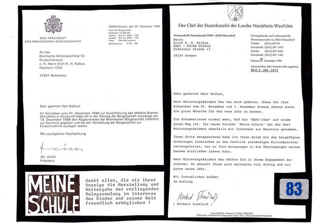 MEINE SCHULE, Ausgabe 08 zum 1. Januar 1995, Seite 83, mit dem Schreiben des Präsidenten der Bremischen Bürgerschaft vom 20. Dezember 1994 zum "Bau der Bürgerbrücke auf der Allee UN-Ziele"