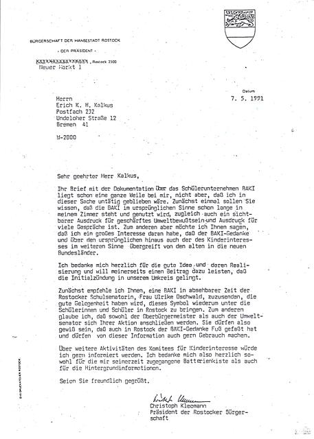 Ermutigung zum Bau von "Bürgerbrücken auf der Allee der UN-Ziele" - hier: aus dem Haus der Bürgerschaft in Rostock am 7. Mai 1991 | Foto: Rostocker Bürgerschaft