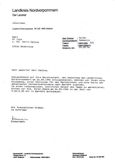 Ermutigung zum Bau von "Bürgerbrücken auf der Allee der UN-Ziele" - hier: Einladung zum Umwelttag 1994 des Landkreises Nordvorpommern | Foto: Landkreis Nordvorpommern