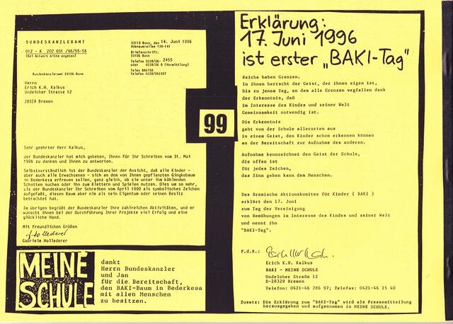 Sonderausgabe von MEINE SCHULE zum 17. Juni 2000, Seite 99 - mit dem Schreiben vom 14. Juni 1996 aus dem Bundeskanzleramt zur Pflanzung des BAKI-Baumes auf dem Olymp der Schule in Bad Bederkesa