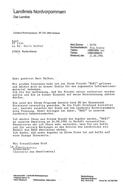 Ermutigung zum Bau von "Bürgerbrücken auf der Allee der UN-Ziele" - hier: aus dem Landkreis Nordvorpommern am 21. Juni 1994 | Foto: Landkreis Vordvorpommern