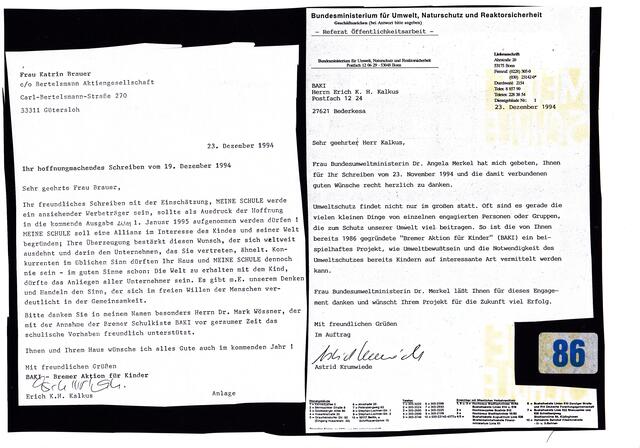 MEINE SCHULE, Ausgabe 08 zum 1. Januar 1995, Seite 86, mit dem Schreiben vom 23. Dezember 1994 aus dem Bundesministerium für Umwelt, Naturschutz und Reaktorsicherheit