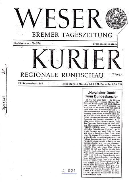 WESER-KURIER: "Herzlicher Dank" vom Bundeskanzler - veröffentlicht am 29. September 1997 | Foto: WESER-KURIER