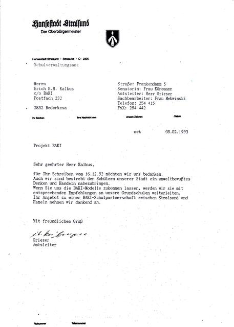 Ermutigung zum Bau von "Bürgerbrücken auf der Allee der UN-Ziele" - hier: aus dem Rathaus der Hansestadt Stralsund am 5. Februar 1993