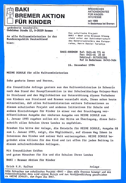 BAKI-Brief vom 16. Dezember 1994: "An alle Kultusministerien in der Bundesrepublik Deutschland" mit dem Hinweis: "Das schulische Projekt 'BAKI - über alle Grenzen hinweg' steht unter der Schirmherrschaft des Europarates, Herrn Daniel Tarschys"