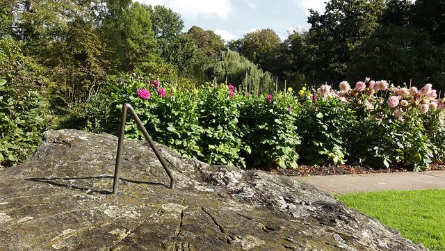 Dahlienpracht im Kurpark, im Vordergrund die alte Sonnenuhr. Foto: Helmut Kuzina