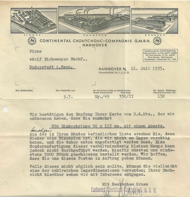 Schreiben, 1935, Continental hat 250 Einkochringe nicht mehr auf Lager.