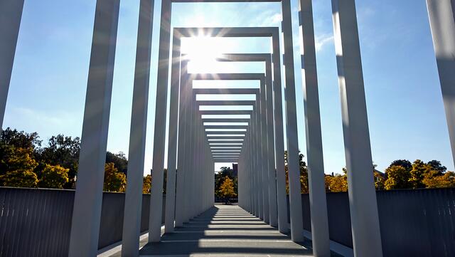 Zu jeder Jahreszeit besitzt die weiße Kolonnade, dieser Säulengang aus 36 knapp 7,40 m hohen Elementen, im Schlossgarten eine besondere Attraktivität. Foto: Helmut Kuzina