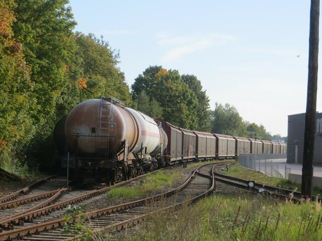 Auf RStE-Gleisen in Rinteln abgestellte Güterwaggons. Die gesamte Strecke der Region weiter für Quell- und Zielverkehr zur Verfügung