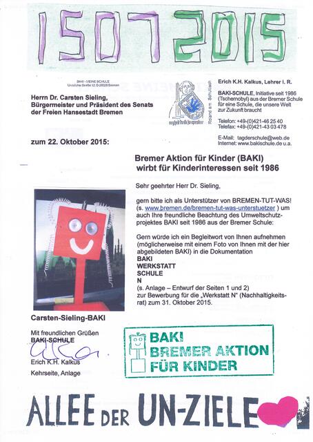 22. Oktober 2015: BAKI-Bitte an Herrn Dr. Carsten Sieling, Bürgermeister und Präsident des Senats der Freien Hansestadt Bremen