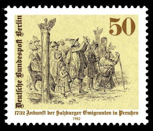 Briefmarke 1982 (Vor 250 Jahren Ankunft der Salzburger Emigranten in Preußen): https://commons.wikimedia.org/wiki/File:Stamps_of_Germany_%28Berlin%29_1982,_MiNr_667.jpg | Foto: wie vor