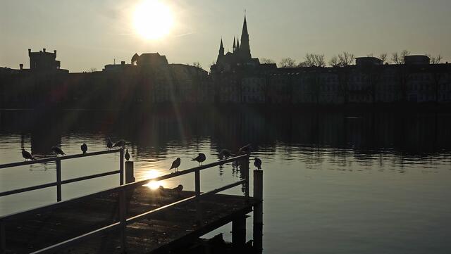 Durch die Herbstsonne wirkt die Stadtsilhouette zwischen Arsenalgebäude und Paulskirche durch die Betonung der Konturen unverkennbar. Foto: Helmut Kuzina