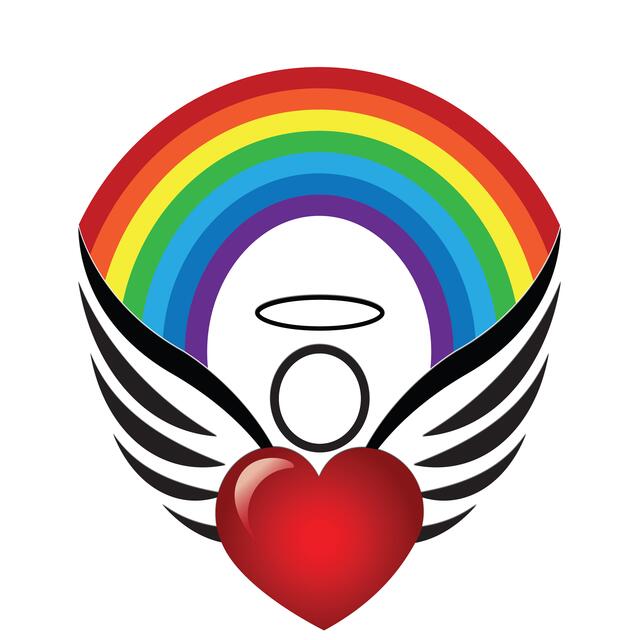 RAINBOW-Stiftungsfond: Das Logo verbindet den Regenbogen mit einem Engel und dem liebenden Herzen. Der Regenbogen symbolisiert eine Brücke, einen Lichtweg, er verbindet. Der Herzengel stellt die liebevolle Führung und Unterstützung dar.