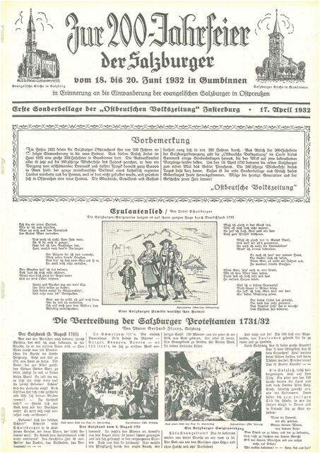 200-Jahrfeier in Gumbinnen. Ostdeutsche Volkszeitung, Insterburg 1932 (Nachdruck Berlin 1982): https://de.groups.yahoo.com/neo/groups/SalzburgerEmigranten/files/b%23-1/MjAwLUphaHJmZWllciBkZXIgU2FsemJ1cmdlciBpbiBPc3RwcmV1gKCm32Vu/ (für registrierte Mitglieder der Forschungsgruppe http://SalzburgerEmigranten.de - Teilnahme kostenfrei)