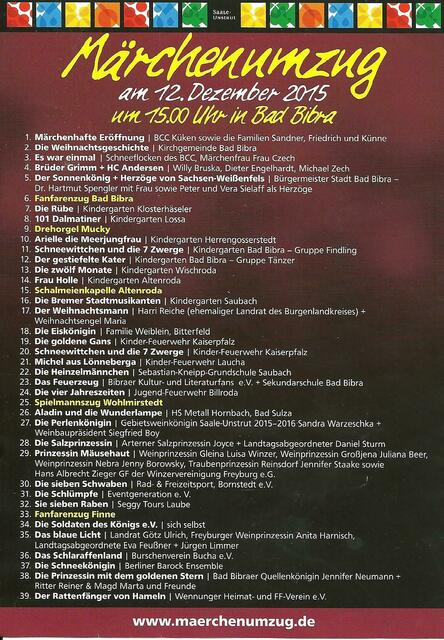 Die Märchen in der Reihenfolge des Umzuges - Der Bad Bibraer Märchenumzug am 12.12.2015 !