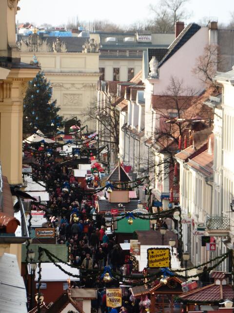 Weihnachtsmarkt auf der Brandenburger Straße, hinter dem großen Weihnachtsbaum ist das Brandenburger Tor