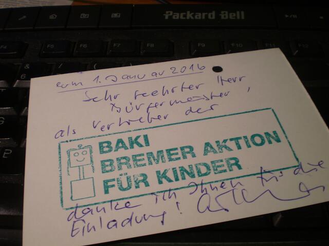 4. Foto: Grußkarte für Herrn Bürgermeister Dr. Carsten Sieling zum Neujahrsempfang im Bremer Rathaus