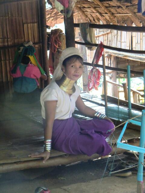 Padangfrau mit den schweren Bronzereifen, die den Hals "schön" strecken sollen. Tatsächlich aber drücken die Reifen den Brustkorb zusammen, den Kehlkopf flach, so dass diesen armen Leuten nur mehr ein leises gehauchtes Sprechen möglich ist.