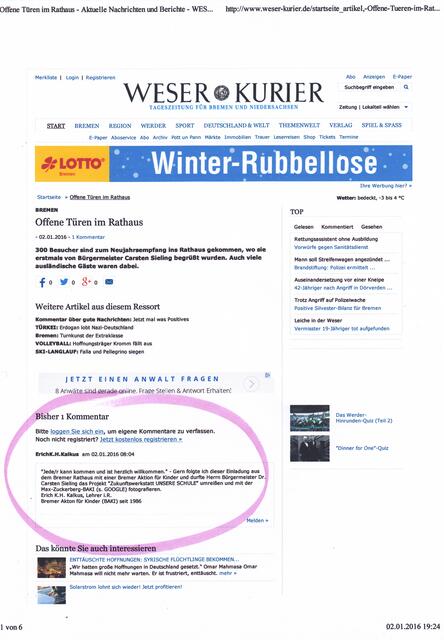 BAKI-Kommentar zur Veröffentlichung "Offene Türen im Rathaus" am 2. Januar 2016 | Foto: WESER-KURIER