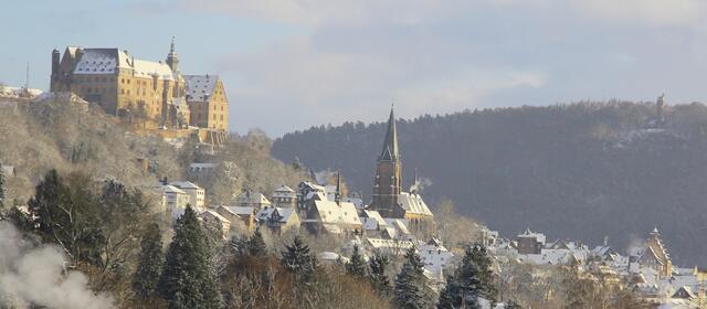 Schloss Marburg mit Oberstadt: Lutherische Pfarrkirche, Rathaus und im Hintergrund der Kaiser-Wilhelm-Turm
