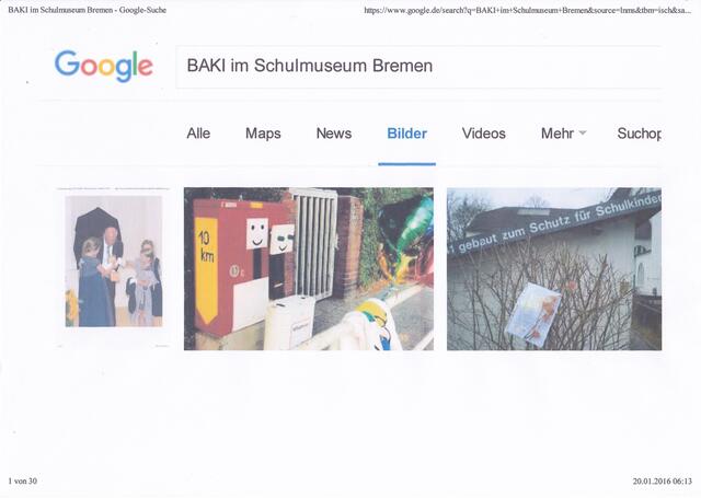 GOOGLE-Suche "BAKI im Schulmuseum Bremen" (Ausschnitt) am 20. Januar 2016, 06:13 Uhr | Foto: GOOGLE