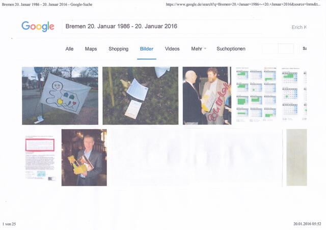 GOOGLE-Suche "Bremen: 20. Januar 1986 - 20. Januar 2016" (Ausschnitt) vom 20. Januar 2016, 05:52 Uhr | Foto: GOOGLE