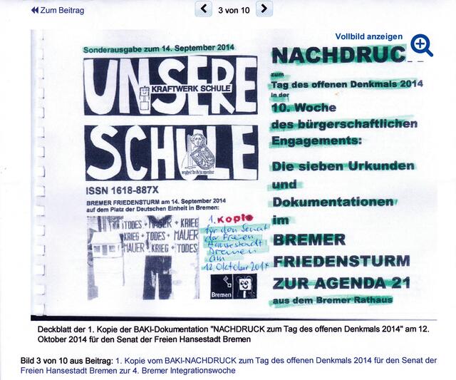Seite 1 der "1. Kopie für den Senat der Freien Hansestadt Bremen am 12. Oktober 2014" (s. GOOGLE)