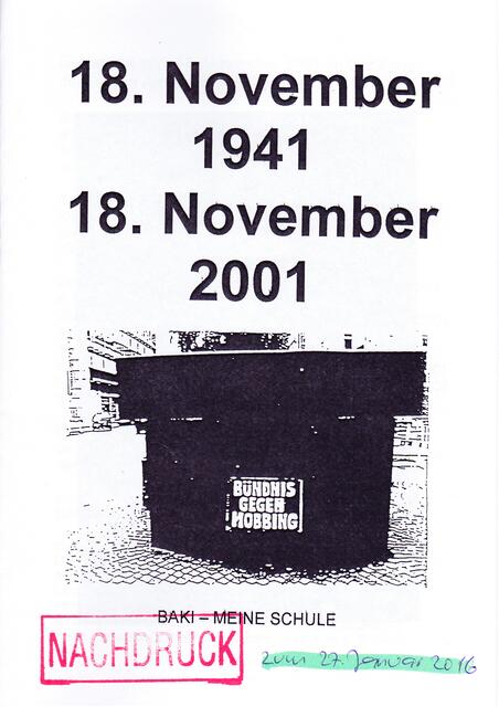 NACHDRUCK zum 27. Januar 2016: Seite 1 der BAKI-Dokumentation "18. November 1941 - 18. November 2001"