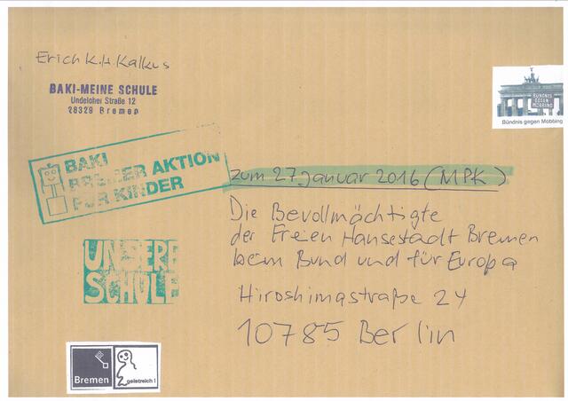 Umschlag mit 16 BAKI-Briefen zum 27. Januar 2016 mit dem NACHDRUCK der BAKI-Dokumentation "18. November 1941 - 18. November 2001" zum 27. Januar 2016 zur Ministerpräsididentenkonferenz (MPK) in Berlin am 27. Januar 2016
