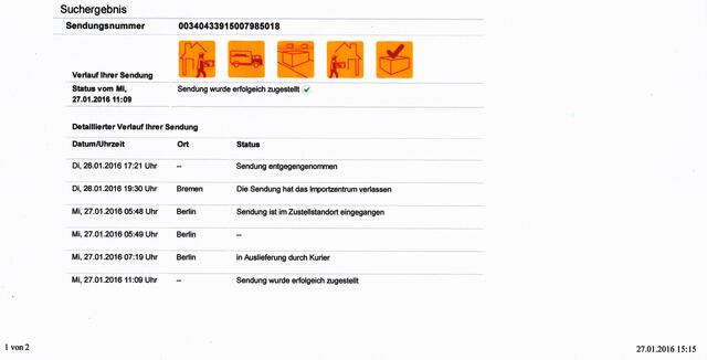 DHL-Information zur Sendungsnummer 00340433915007985018: "Mi, 27.01.2016 11:09 Uhr - Sendung wurde erfolgreich zugestellt" | Foto: DHL
