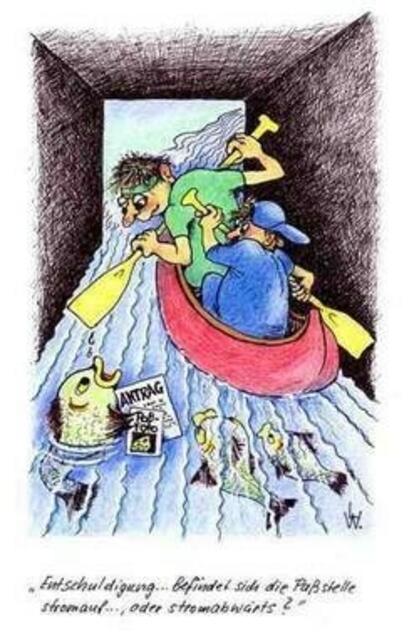 Antrag: _ "Entschuldigung...befindet sich die Paßstelle stromauf...,oder stromabwärts?" _ Mit "Paßstelle" ist ein Kombi-Kanu-Fischpaß zur Wehrüberwindung gemeint.  http://www.fuerstenberger-seenland.de/fuerstenberg-paddeln.html | Foto: http://www.naturschutzfonds.de