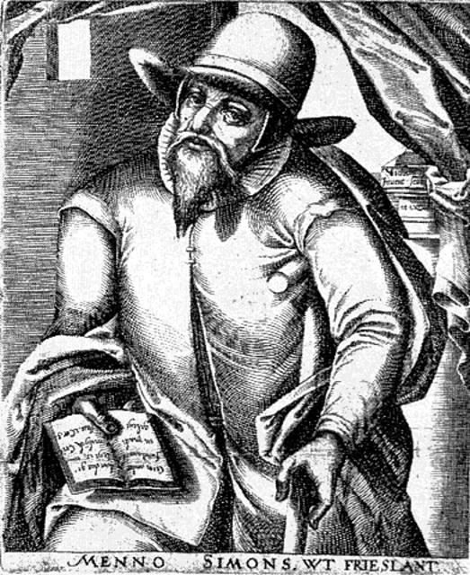 Stich aus dem 17. Jahrhundert zeigt Menno Simons mit Krückstock und Bibel < https://de.wikipedia.org/wiki/Menno_Simons#/media/File:MennoSimons.gif > | Foto: wie vor