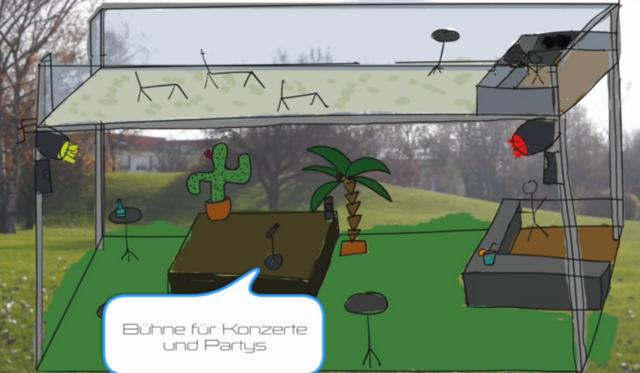 3. Idee: Konzertbühne mit darüber liegender Strandbar zum Chillen  mit Freunden.