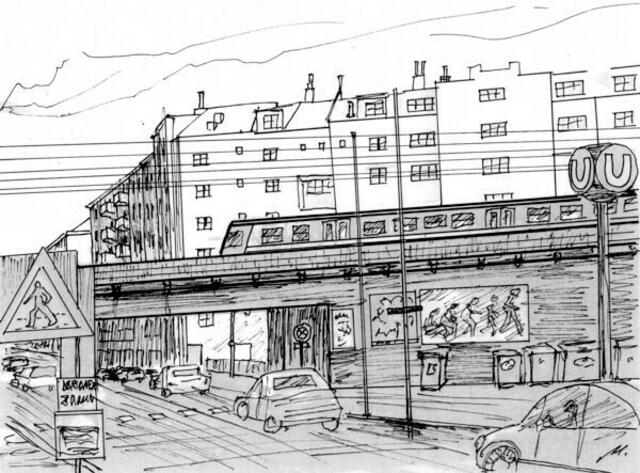Eisenbahnbrücke in der Innstraße. Von Maxi Herta Altrogge.