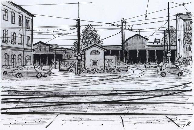 Schwendergasse, Straßenbahn-Depot. Von Maxi Herta Altrogge.