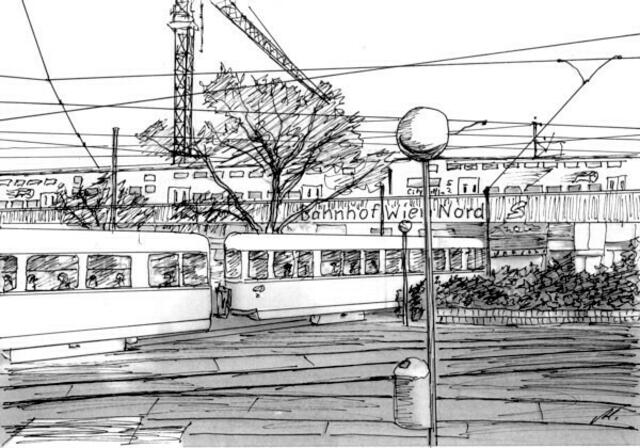 Bahnhof Praterstern vor dem Umbau, Linie 5. Von Maxi Herta Altrogge.