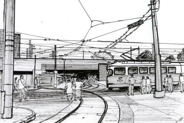 Bahnhof Praterstern vor dem Umbau, Linie 5. Von Maxi Herta Altrogge.