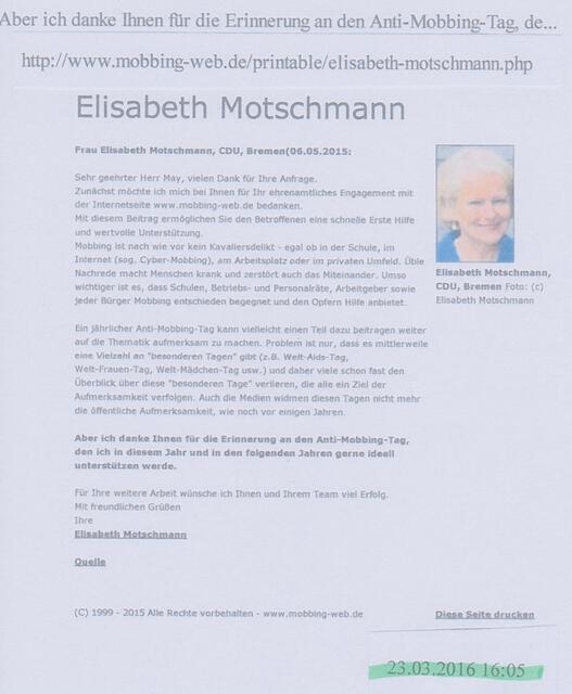 Statement von Elisabeth Motschmann vom 6. Mai 2015, veröffentlicht bei WWW.MOBBING-WEB.DE (Berlin) | Foto: www.mobbing-web.de