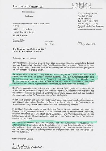 Schreiben vom 12. September 2008 nach meiner Eingabe vom 13. Februar 2007 an die Bremische Bürgerschaft der Vorsitzenden des Petitionsausschusses, Elisabeth Motschmann MdBB | Foto: Bremische Bürgerschaft