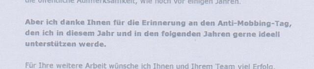 Elisabeth Motschmann: "Aber ich danke Ihnen für die Erinnerung an den Anti-Mobbing-Tag, den ich in diesem Jahr und in den folgenden Jahren unterstützen werde." (Auszug aus dem o.g. Statement vom 6. Mai 2015) | Foto: www.mobbing-web.de