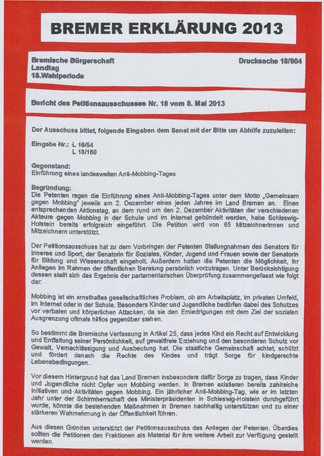 "Bremer Erklärung 2013" im Bericht des Petitionsausschusses Nr. 18 vom 8. Mai 2013; die einstimmige Zustimmung des Landtags der Freien Hansestadt Bremen erfolgte in der Sitzung am 15./16. Mai 2013 | Foto: Bremische Bürgerschaft