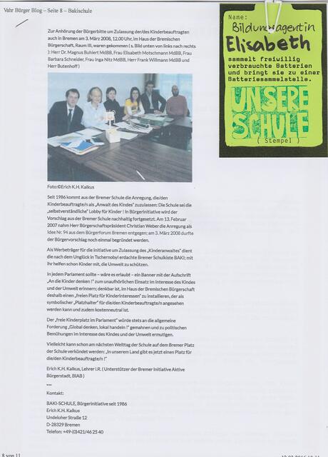 Vahr Bürger Blog - Seite 8 - Bakischule: Batteriesammelkiste (BAKI) am 3. März 2008 (auf dem Foto vor Elisabeth Motschmann MdBB) im Haus der Bremischen Bürgerschaft