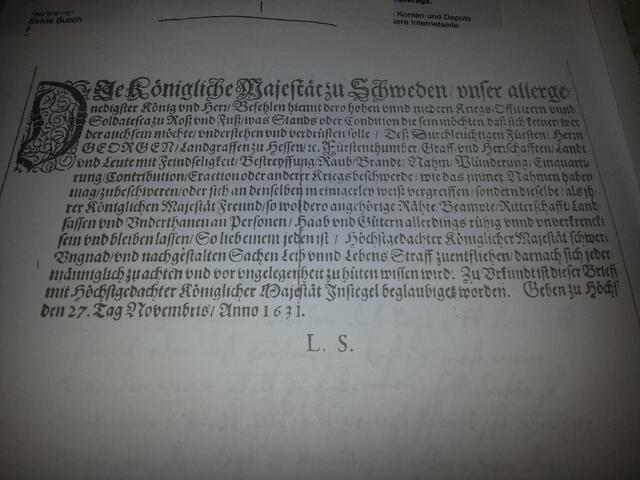 Freibrief von 1631 - ein Jahr vor dem (fiktiven) Marsch ausgestellt.