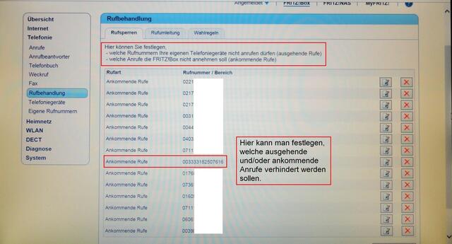 Unter diesem Menüpunkt werden unerwünschte Rufnummern, sowohl abgehende wie auch eingehende dokumentiert.