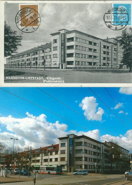 Auf dem Gelände der TET-Stadt realisierte Adolf Falke von 1929-1931 die Liststadt. Vergleich früher/heute.